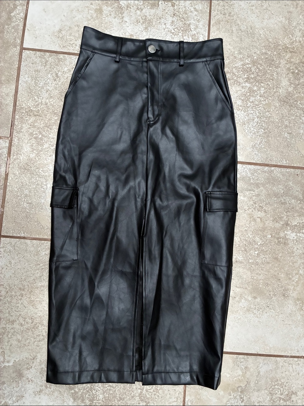 Soho Apparel Black Faux Leather Cargo Midi Pencil Skirt